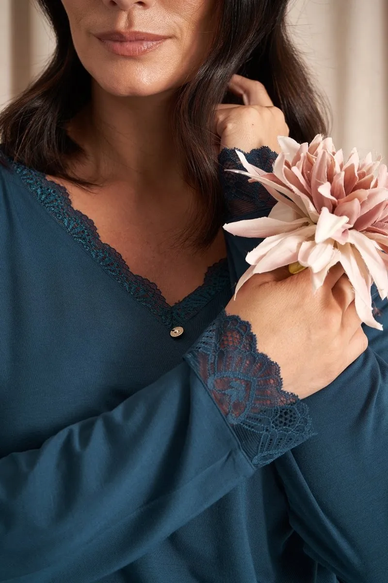 Bamboo Lace V-Neck Pyjama Set in Teal