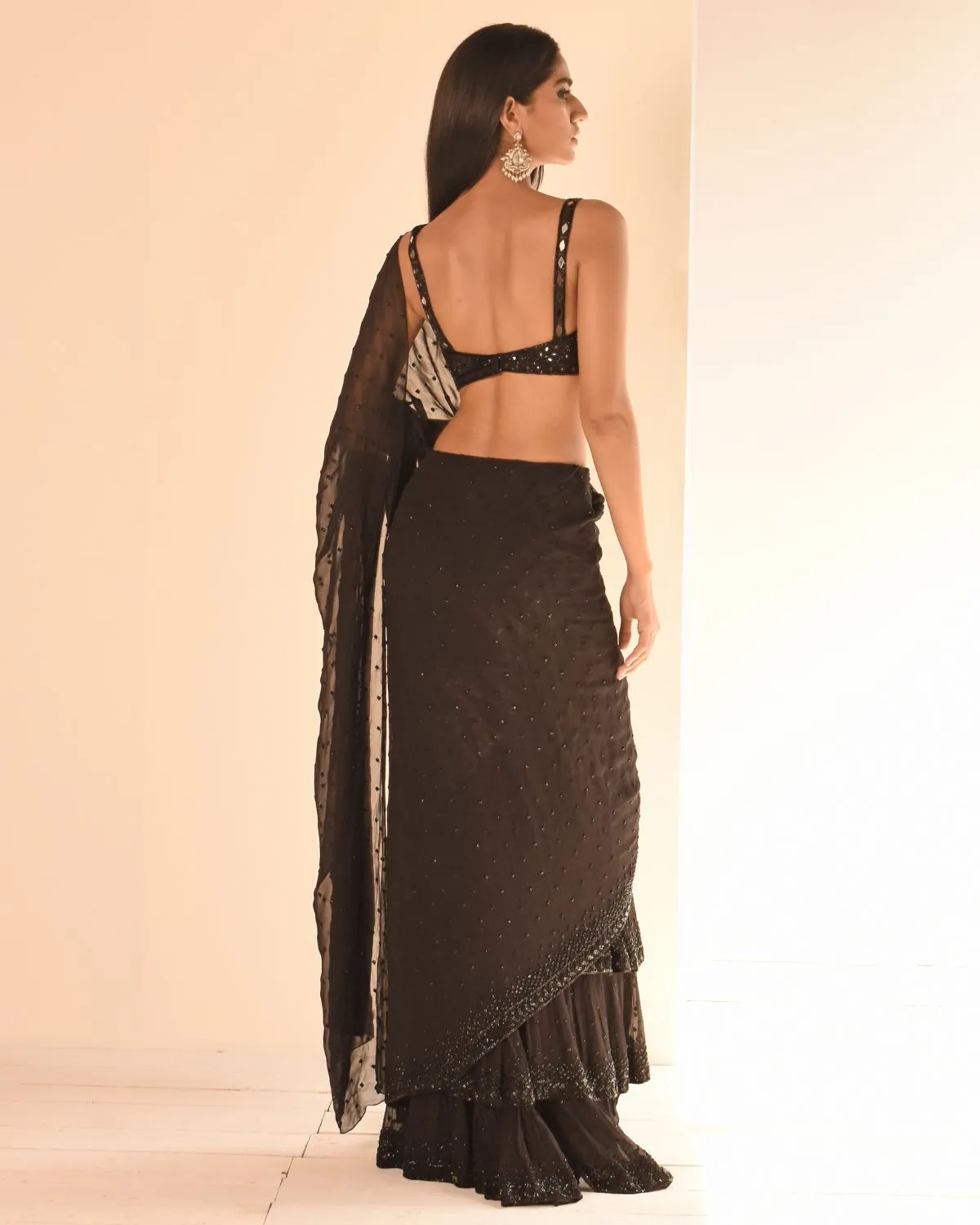 Black Hand Embroidered Tiered Sari Set