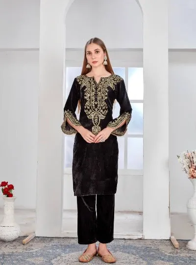Black Heavy Embroidered Velvet Full Sleeves Kurti Pant Set