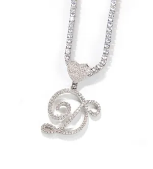 Diamond Heart Hook Cursive Letter Pendant Necklace