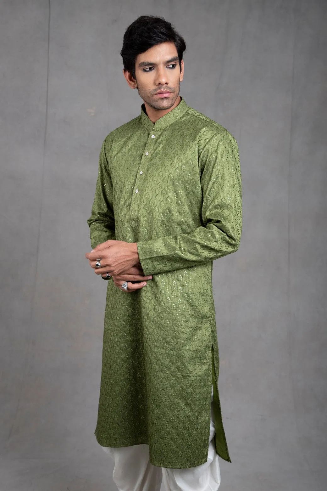 Fern Green Chikan Kurta-Harrom Set