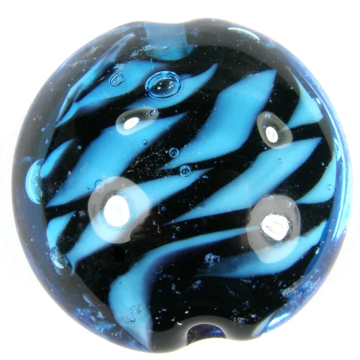 Handmade Lampwork Glass Lentil Beads, Blue Black Tiger Zebra Stripes Shiny