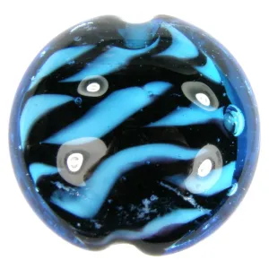 Handmade Lampwork Glass Lentil Beads, Blue Black Tiger Zebra Stripes Shiny
