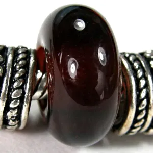 Handmade Large Hole Lampwork Beads, Art Glass Charm, Dark Amber Brown Shiny