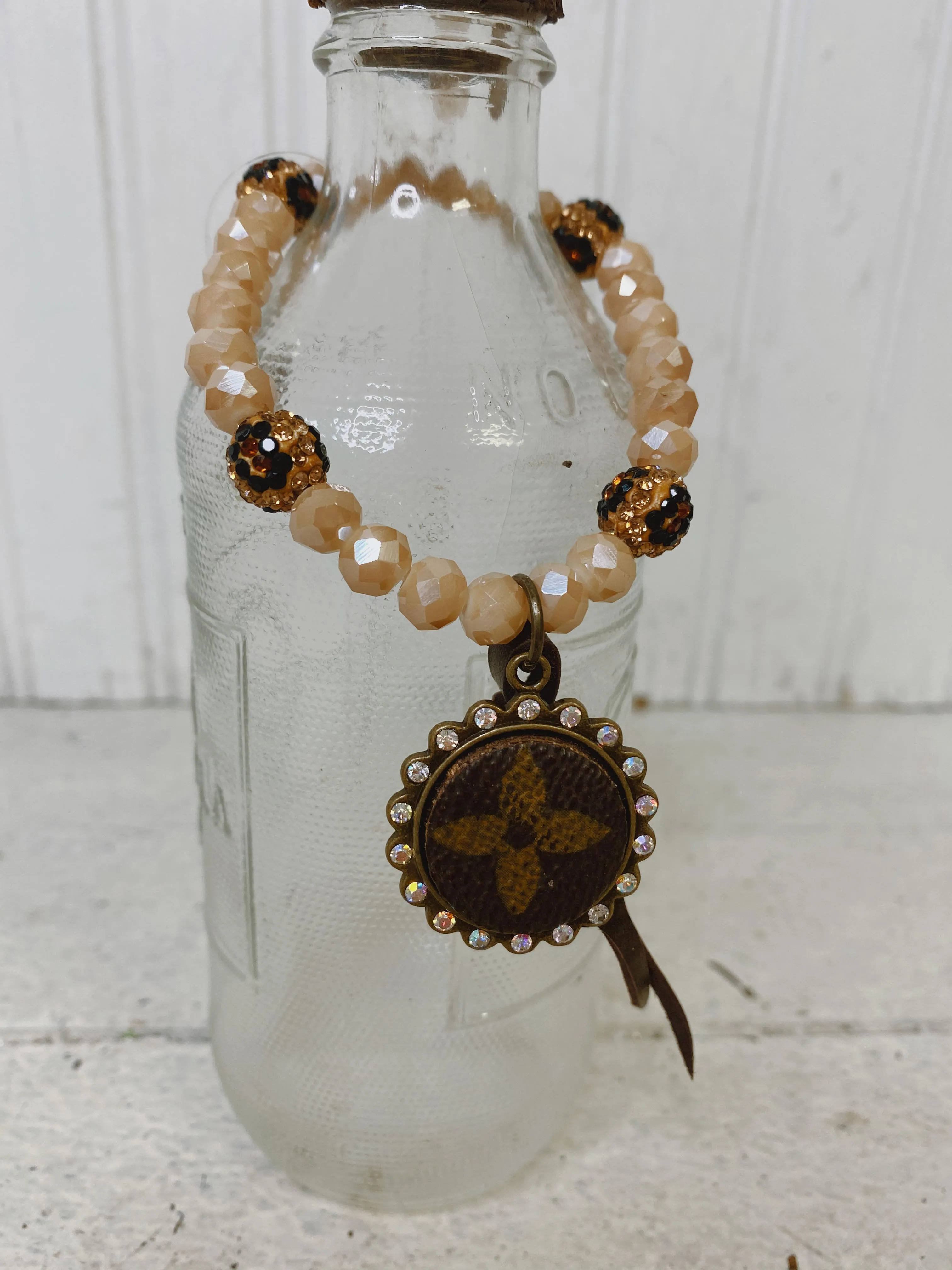 Small Peach/Leopard Single Beaded Upcycled Bracelet