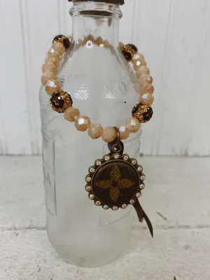 Small Peach/Leopard Single Beaded Upcycled Bracelet