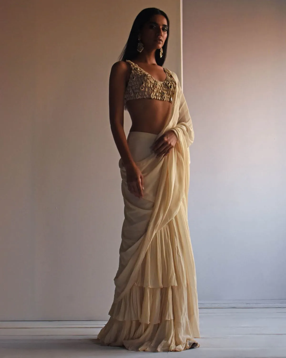 Solid Coconut Ruffle Sari Set