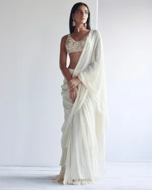 Solid Coconut Ruffle Sari Set
