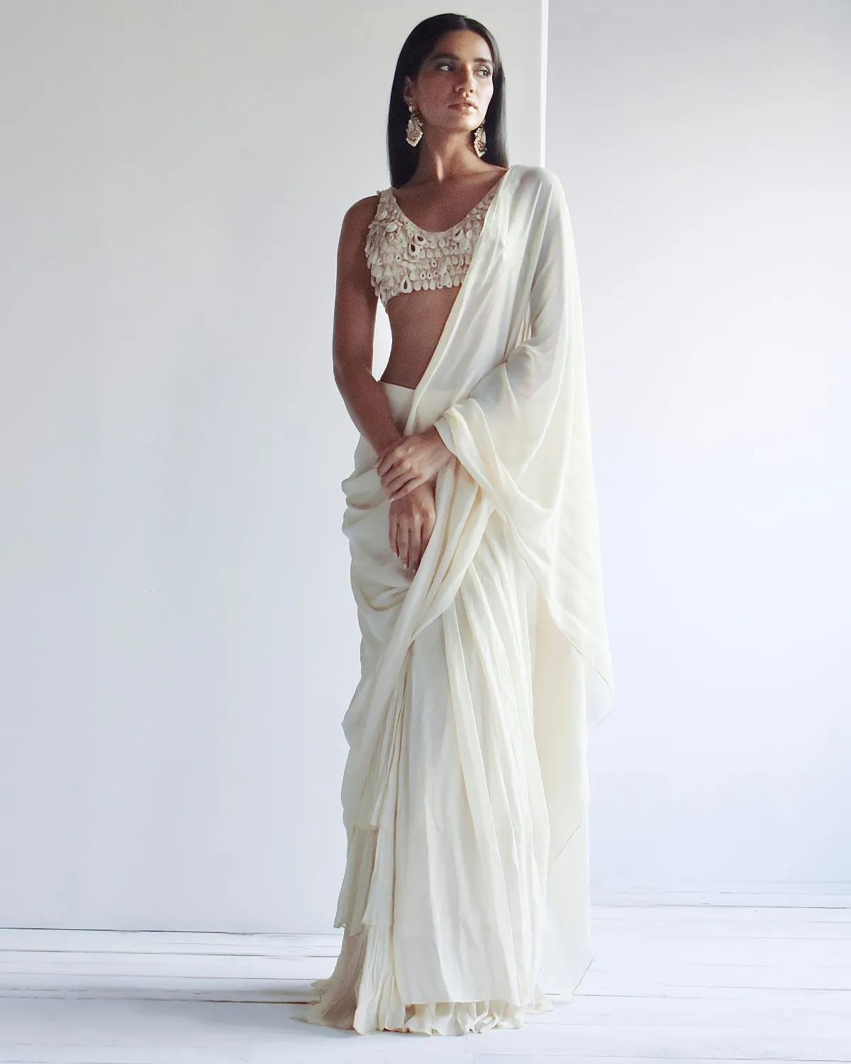 Solid Coconut Ruffle Sari Set