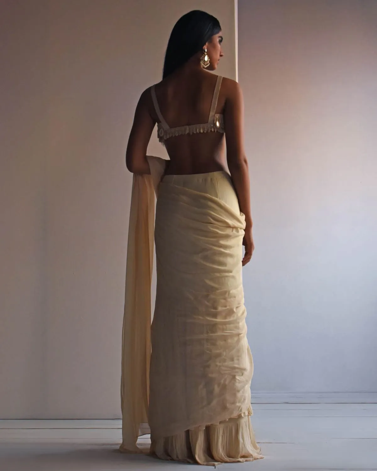 Solid Coconut Ruffle Sari Set