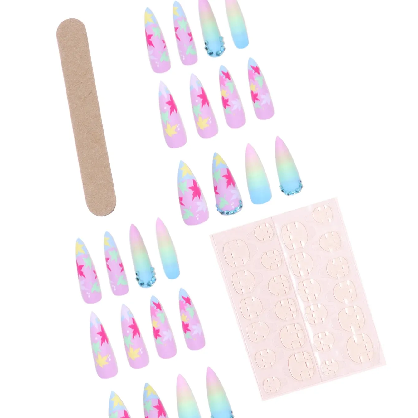 TEEK - 24 Long Pointed Multicolor Gradient Leaf Frosted Fake Nails